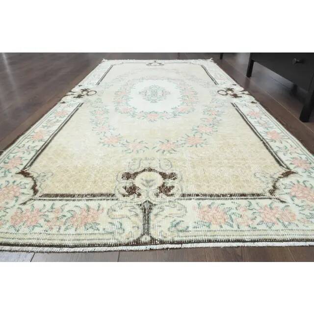 Vintage Turkish Oushak Handmade Wool Cotton Beige Area Rug 117x219