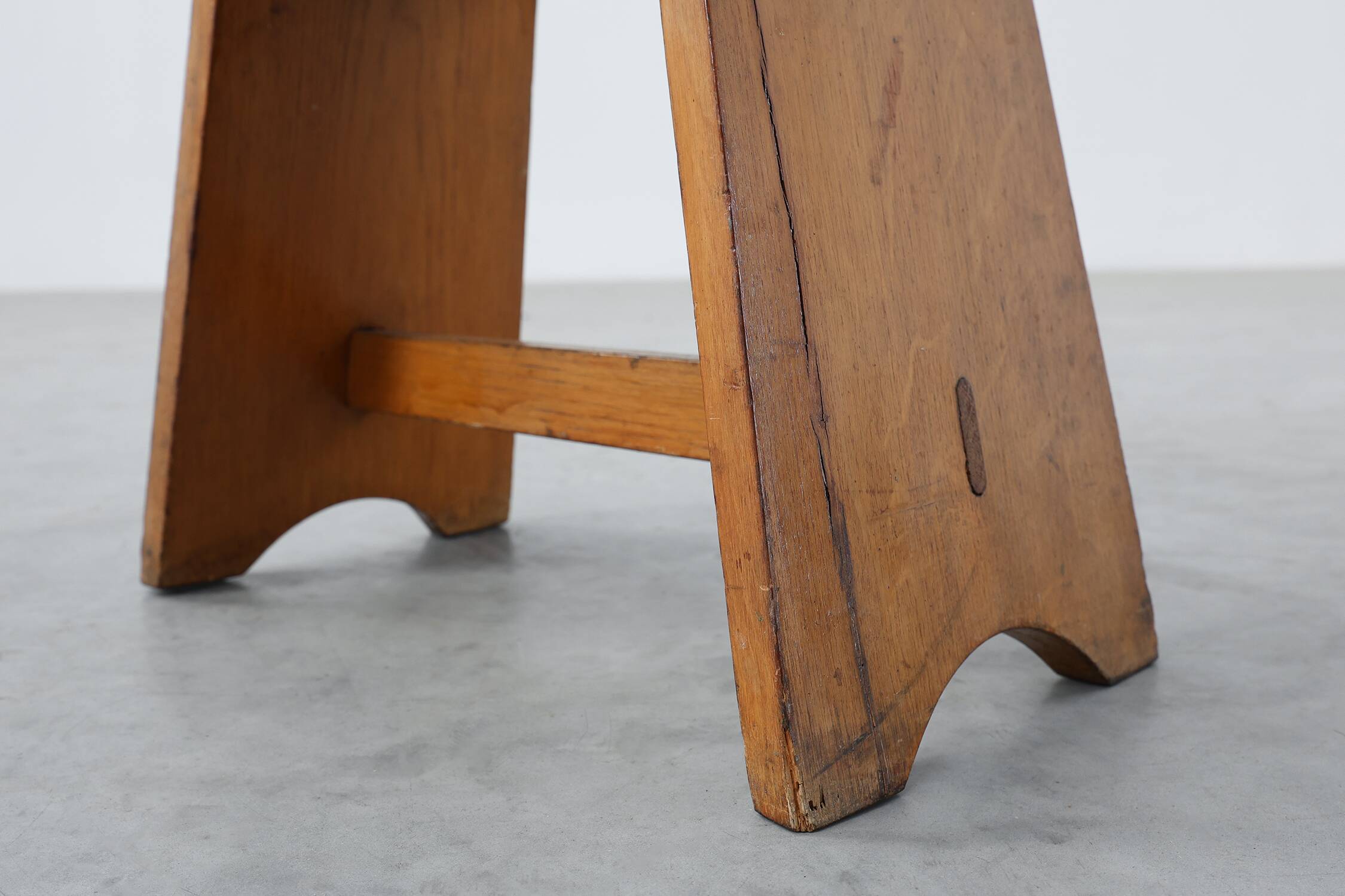Rustic Pine Stool with Cut-Out Trestle Legs, Sweden, circa 1920