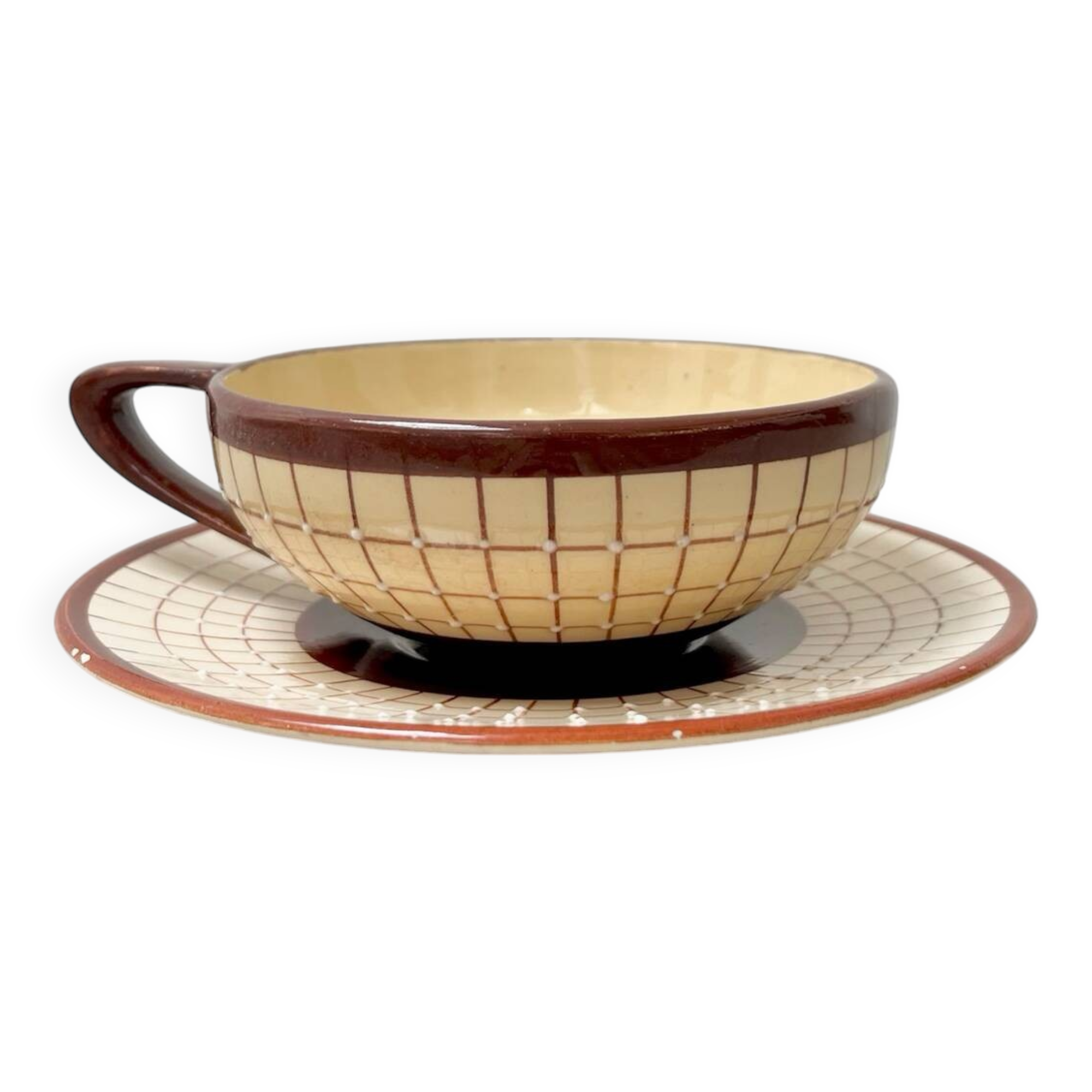 Vintage Longchamp Cup with Saucer – Cream and Brown Checkered Earthenware