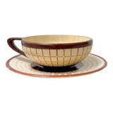 Vintage Longchamp Cup with Saucer – Cream and Brown Checkered Earthenware