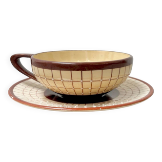 Vintage Longchamp Cup with Saucer – Cream and Brown Checkered Earthenware