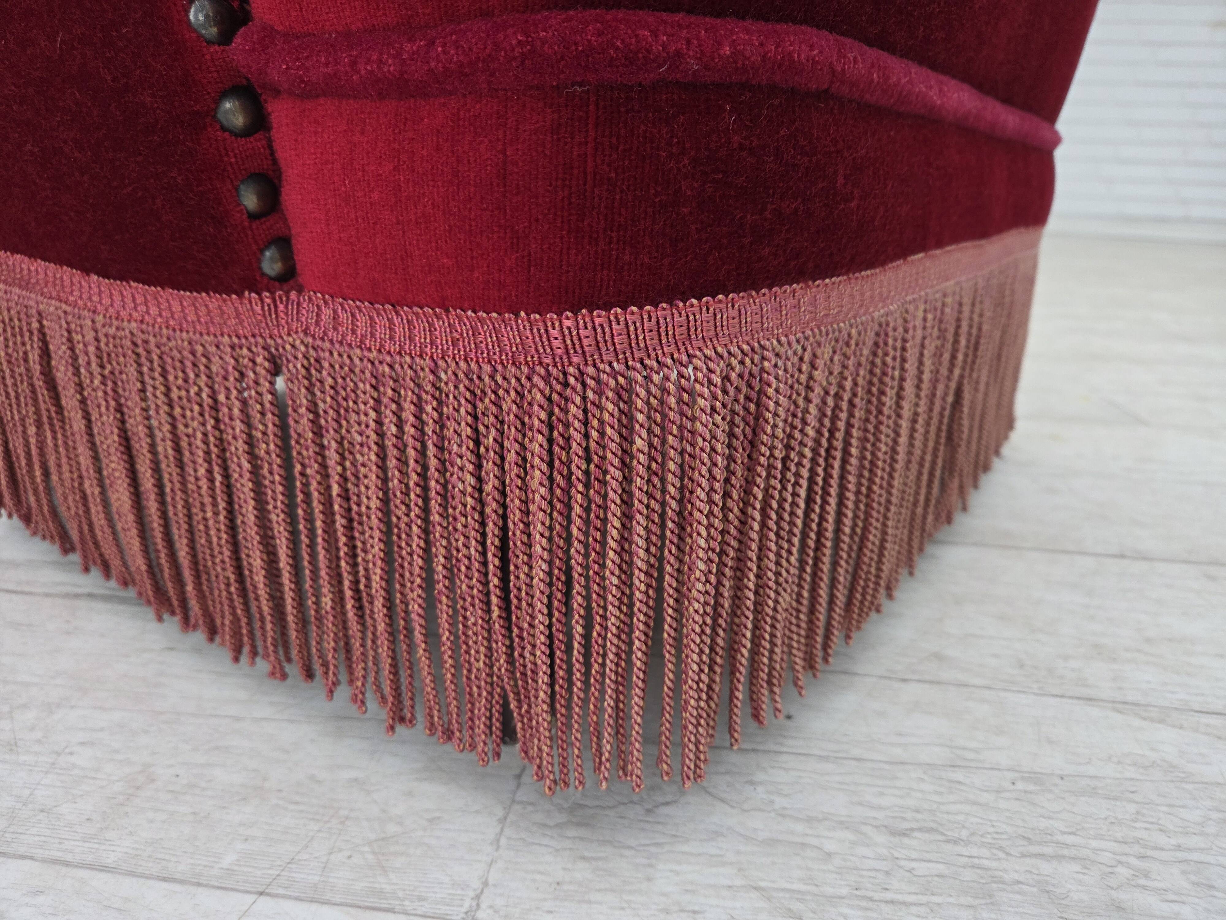 1960s, Danish armchair, original red furniture velour, beech wood legs.