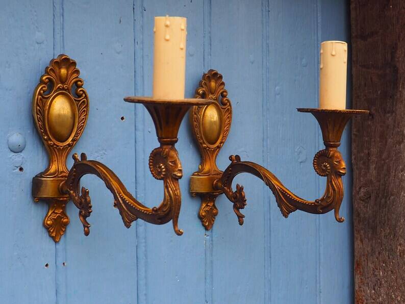 Vintage Rams Head French Bronze Wall Sconces Wall Lights C1930s Pair
