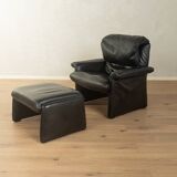 1980s cor armchair and ottoman in black leather