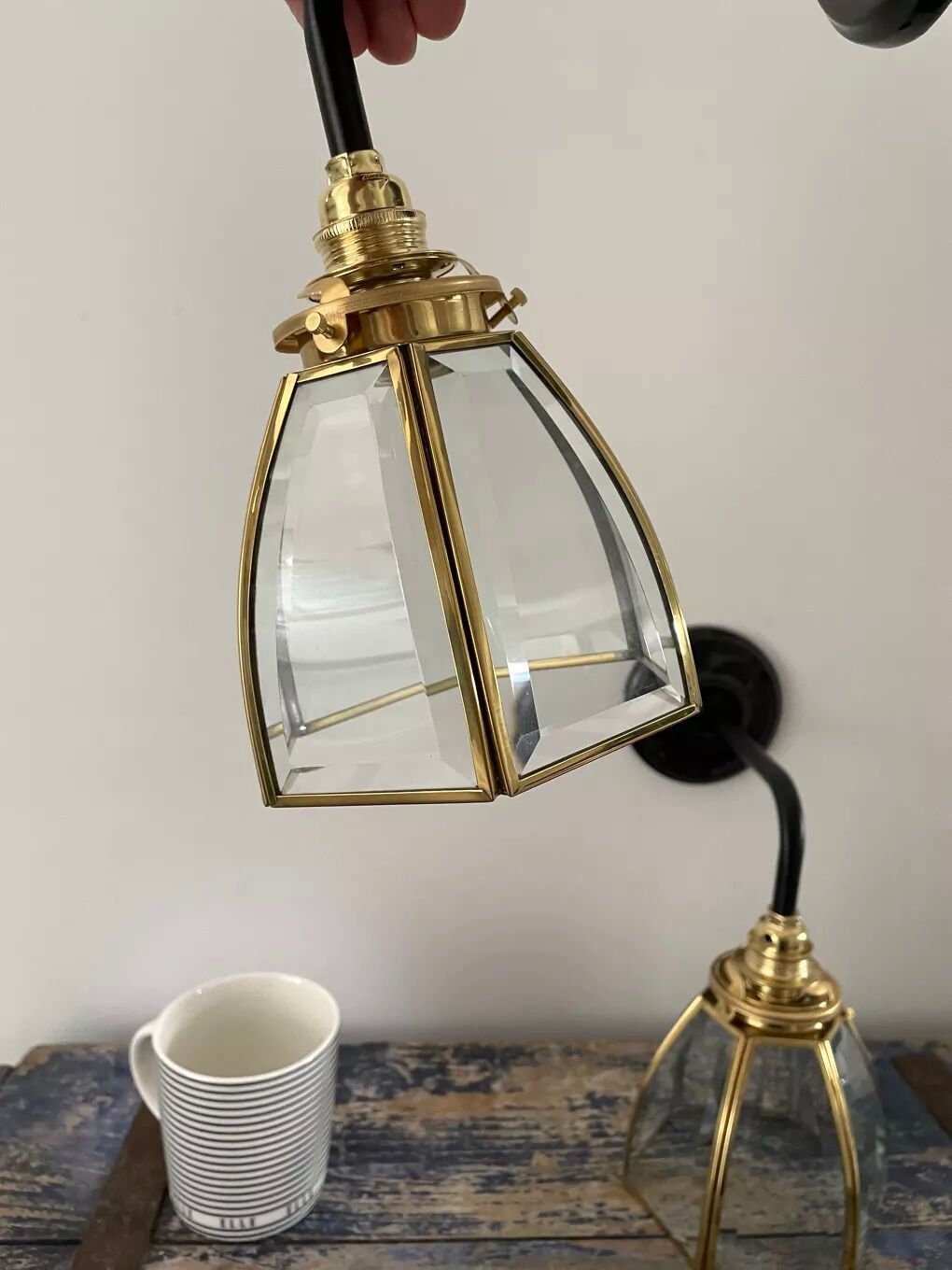 Pair of vintage glass and brass sconces electrified to nine