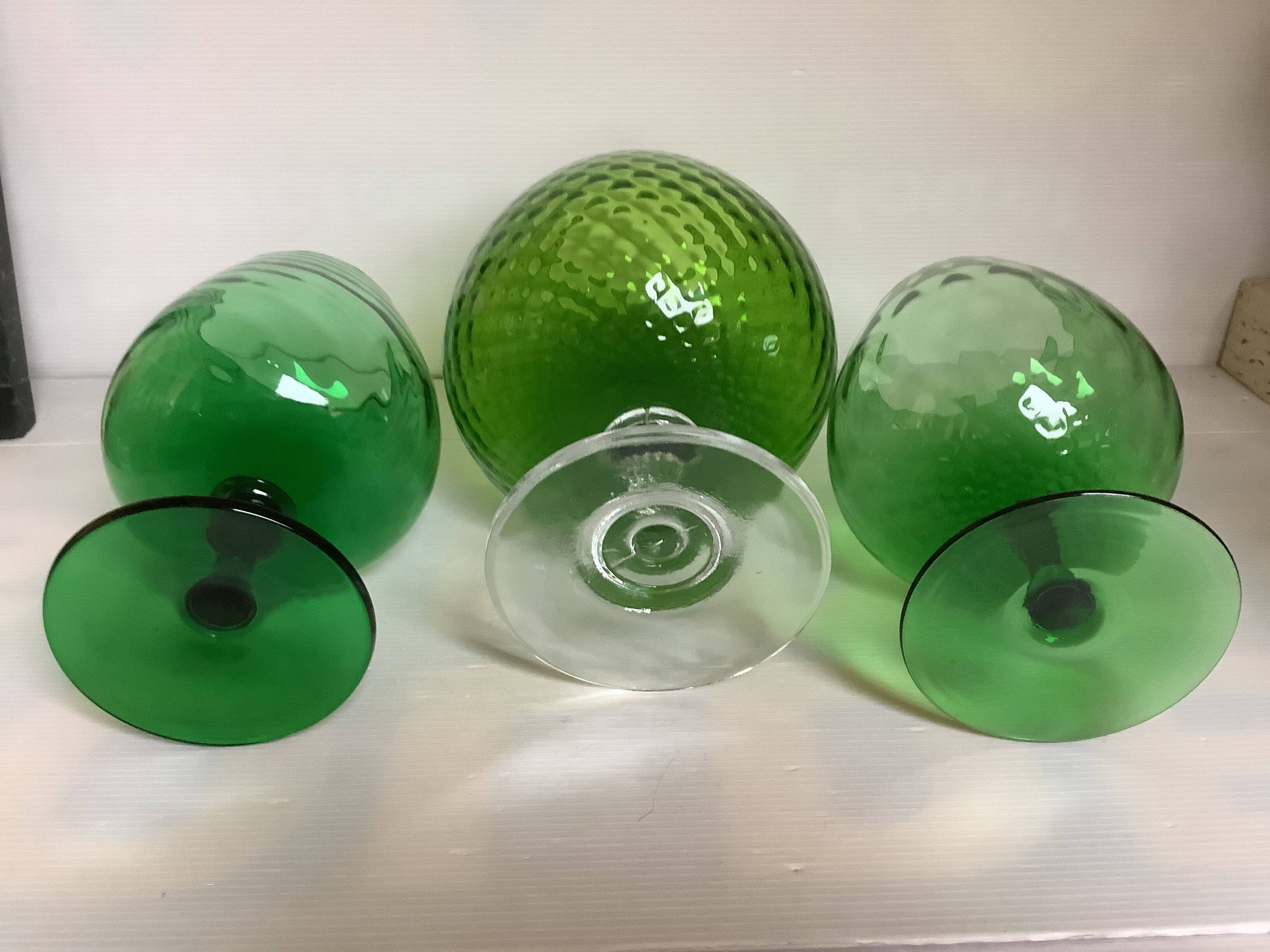 Trio of green glass vases Empoli Italy