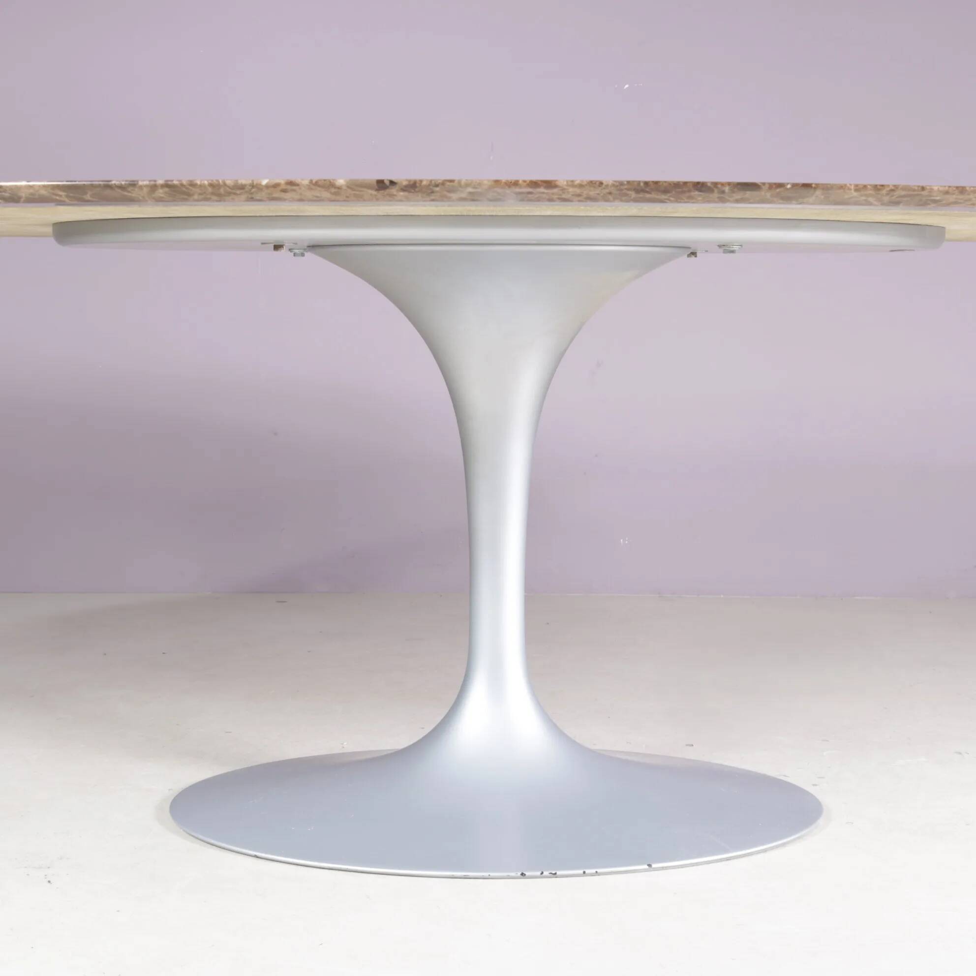 1970s XL oval Tulip table with brown marble top and matte silver oval base / Eero Saarinen / Knoll, USA
