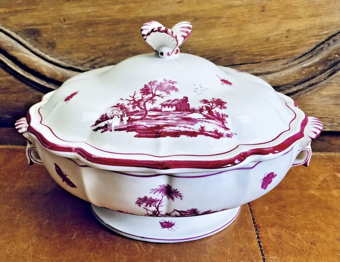 Old small Gien earthenware vegetable soup tureen, pink landscape model