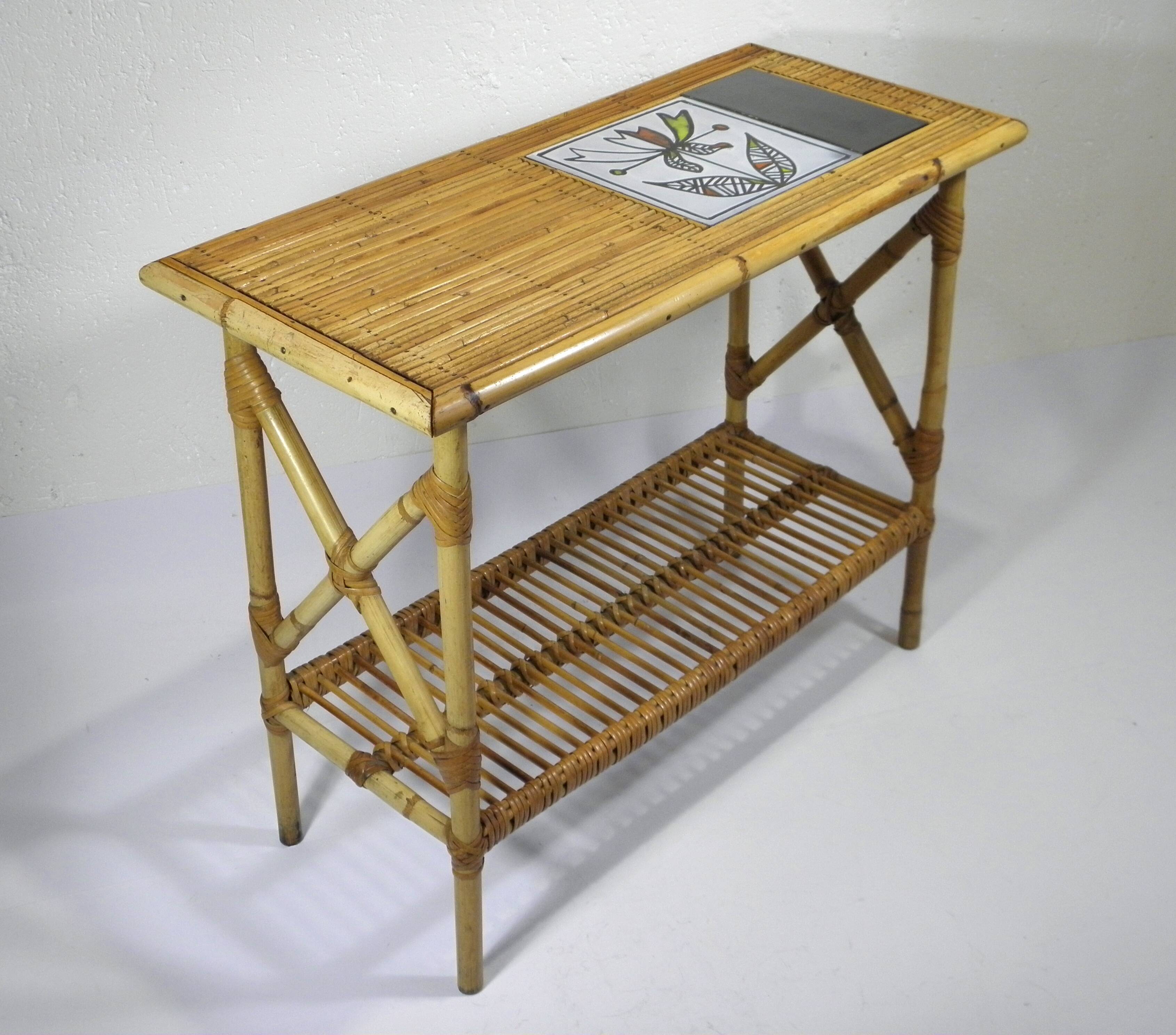 Rattan and ceramic console table - AUDOUX - MINNET and Roger CAPRON