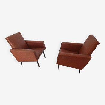Pair of vintage brown leatherette armchairs from the 1960s