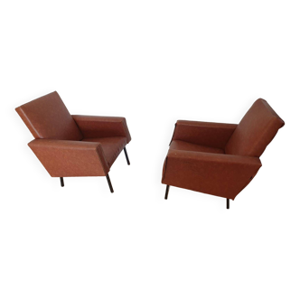 Pair of vintage brown leatherette armchairs from the 1960s