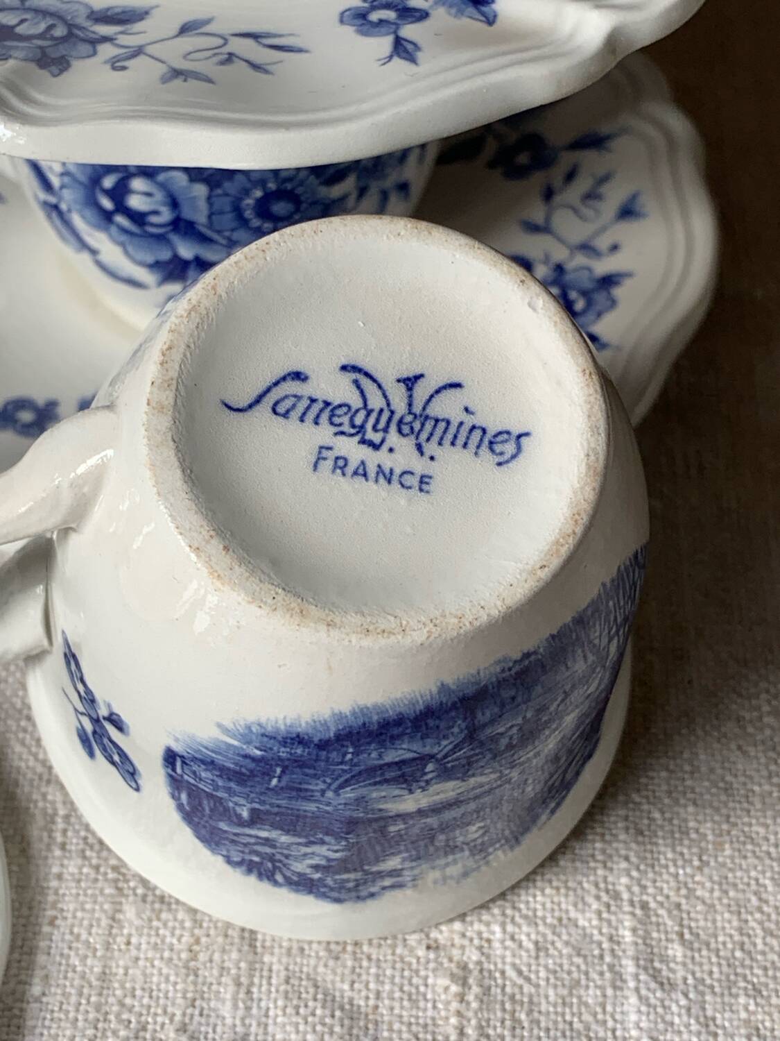 Three antique blue coffee cups from Sarreguemines, France