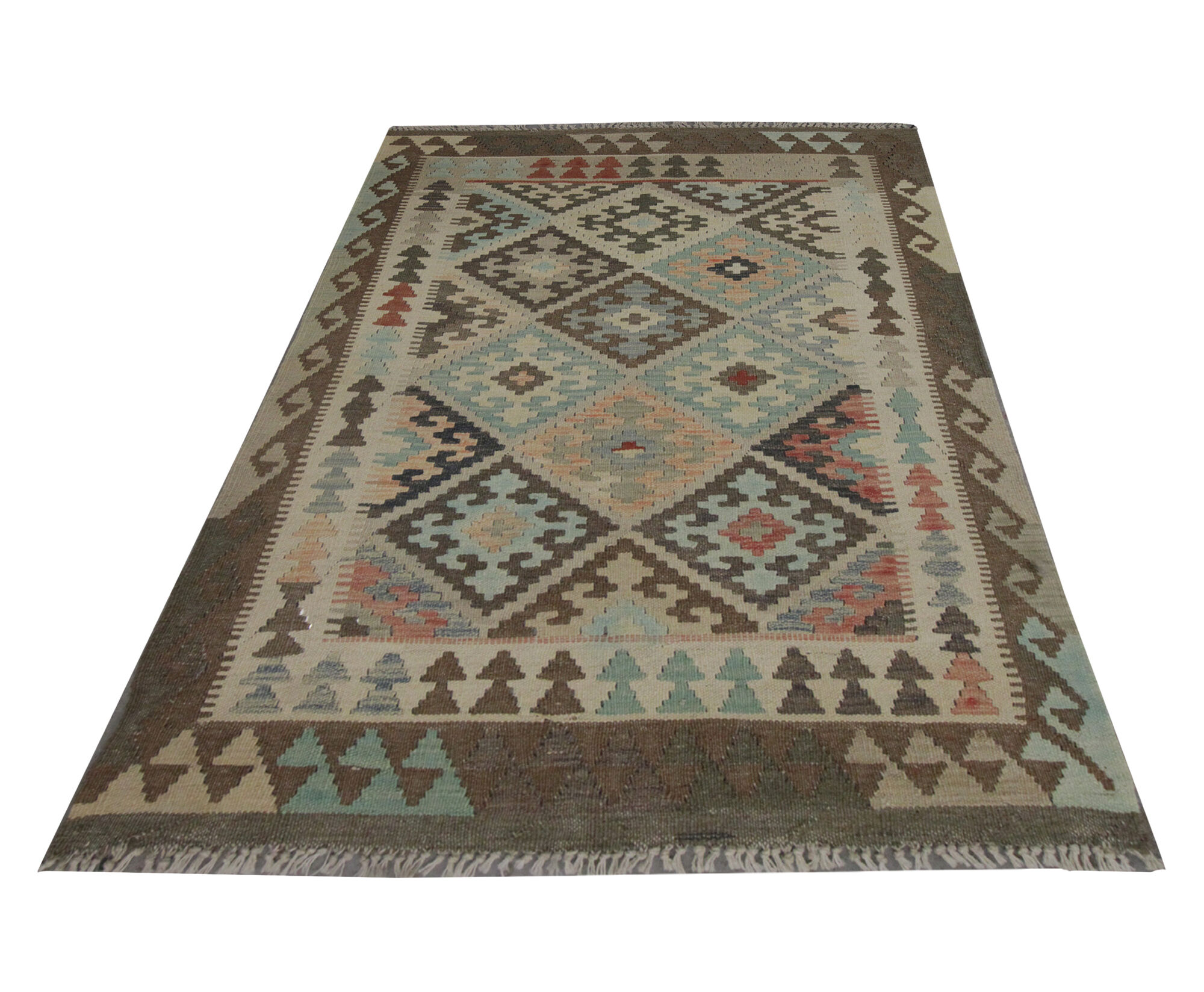 Traditional Afghan Kilim Rug Symmetrical Geometric Wool Area Rug- 104x141cm