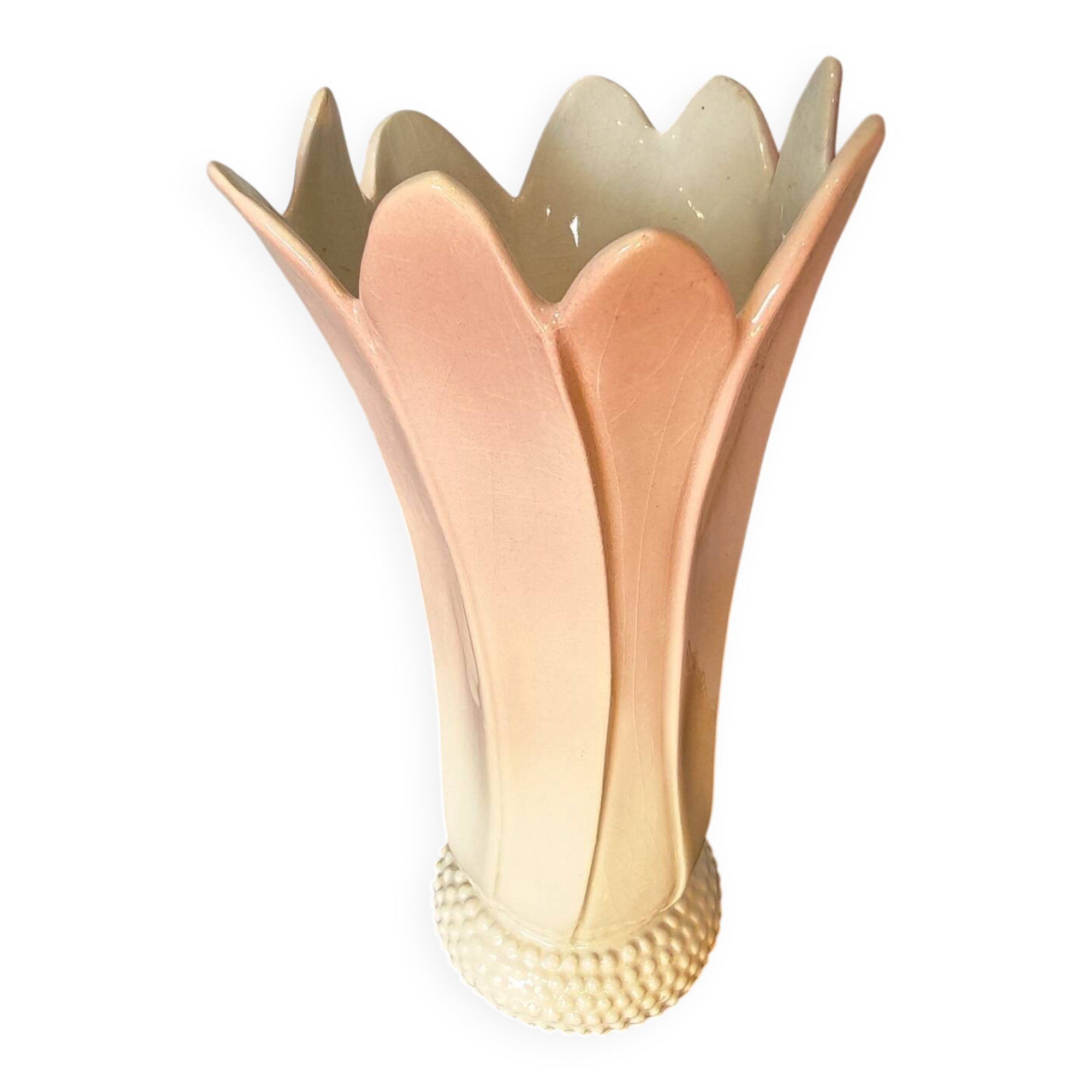 Vintage pink and white tulip vase in majolica, 1950s style.