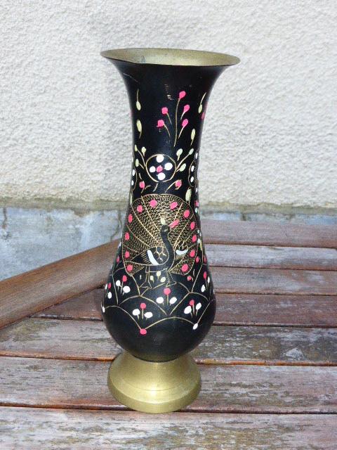 Metal brass, painted and carved vase, with a Peacock, vintage