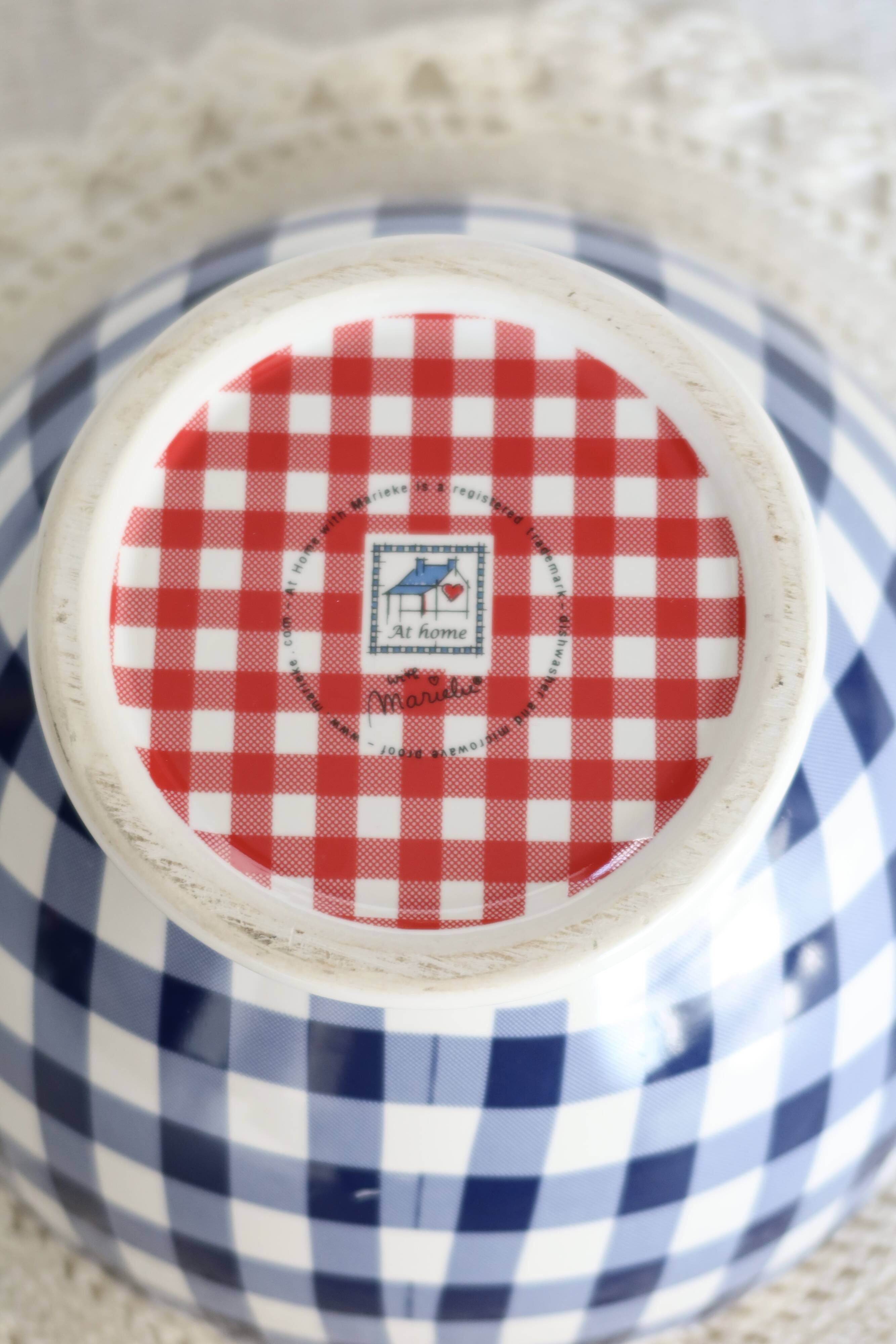 Large vintage white earthenware bowl with blue gingham pattern