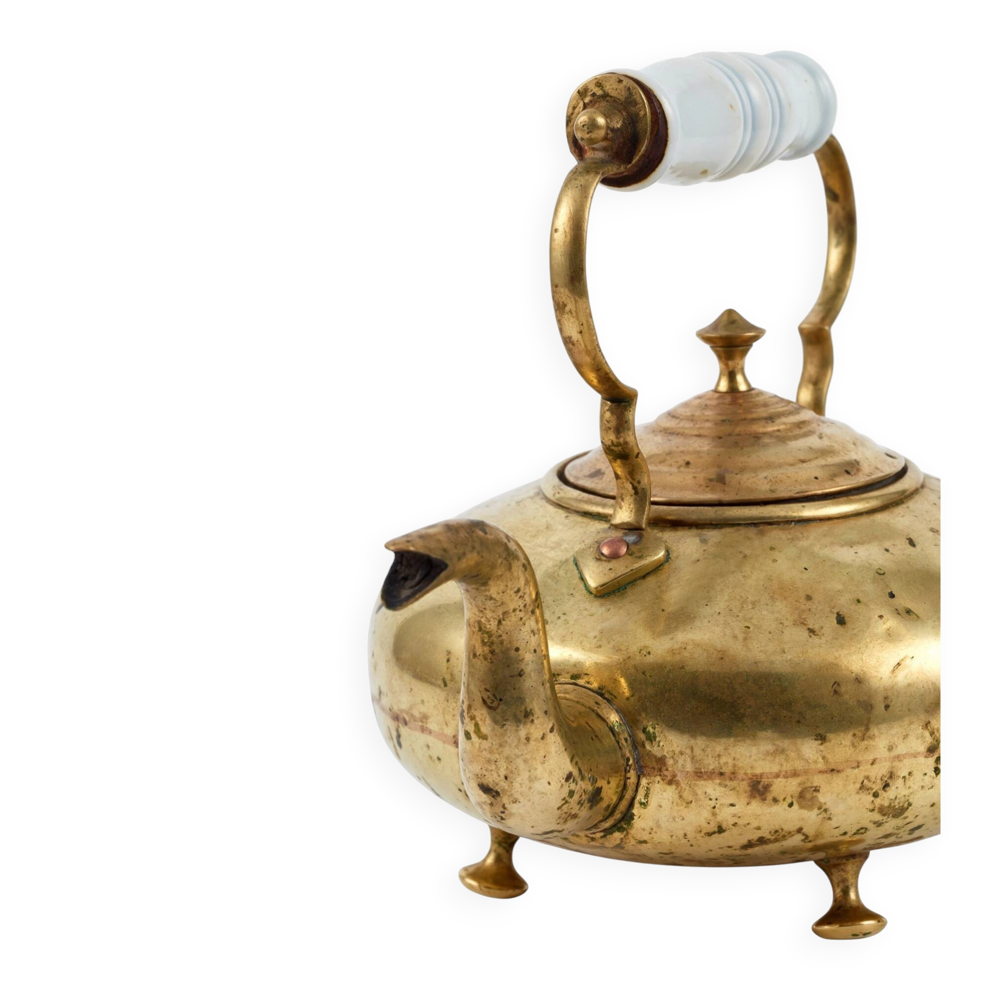 Victorian tripod kettle made of brass with a porcelain handle.