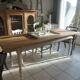 Farm table, leg and belt patinated pearl gray, wooden top.