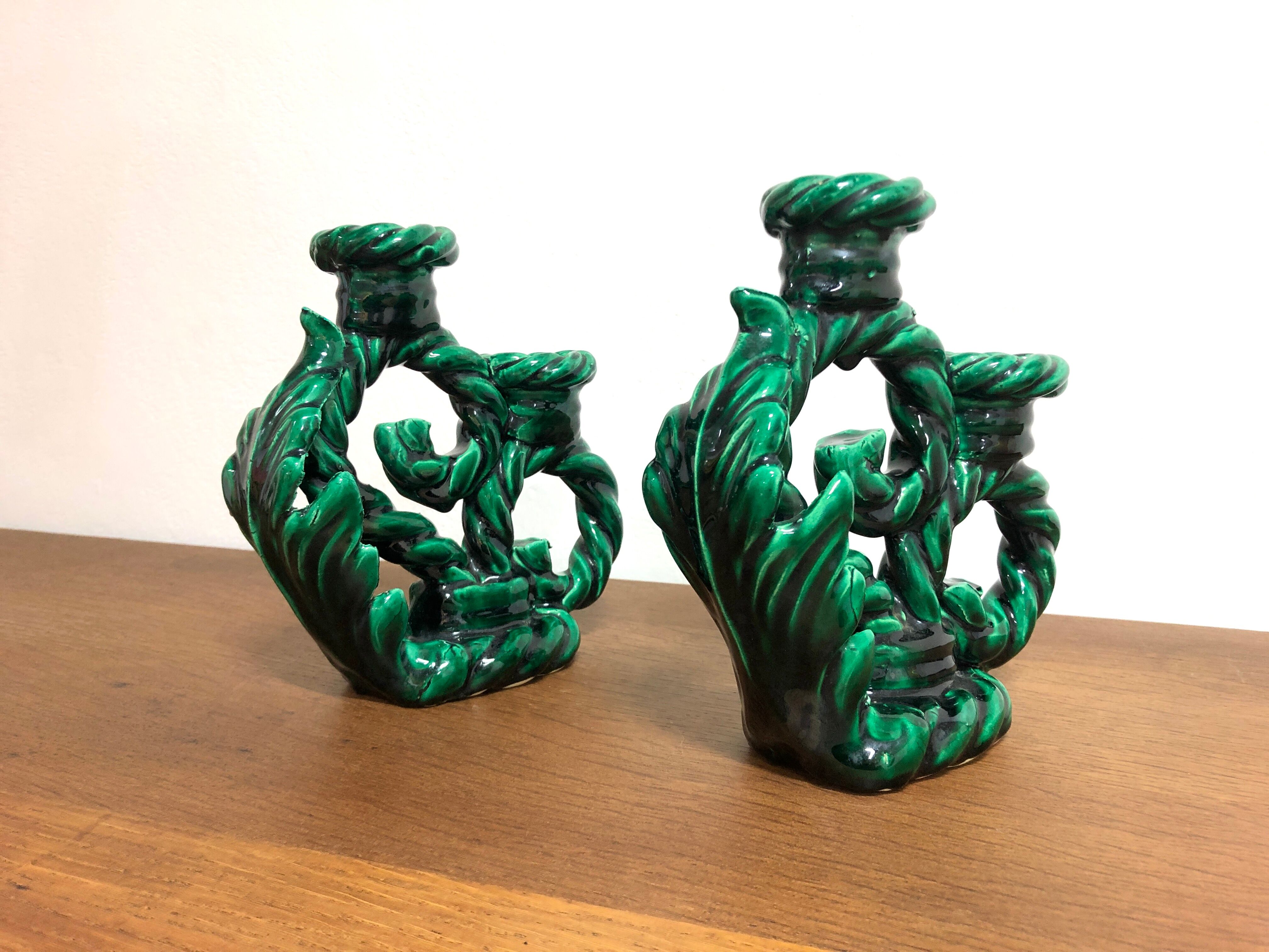 Pair of vintage candle holders in green ceramic color in vallauris style