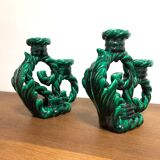 Pair of vintage candle holders in green ceramic color in vallauris style