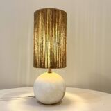 Vintage 1970s white marble ball lamp raffia rope lampshade 70s bohemian chic alabaster