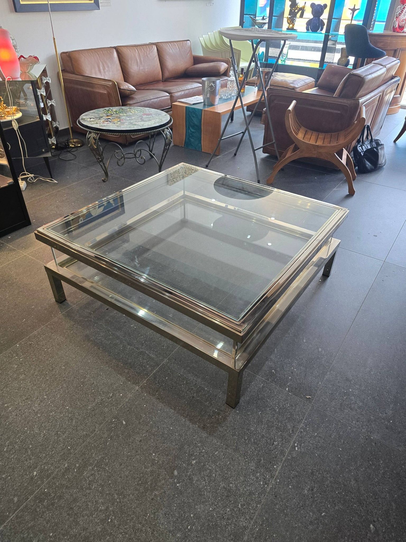Sliding top coffee table – 70s design – chrome & glass – 108 cm