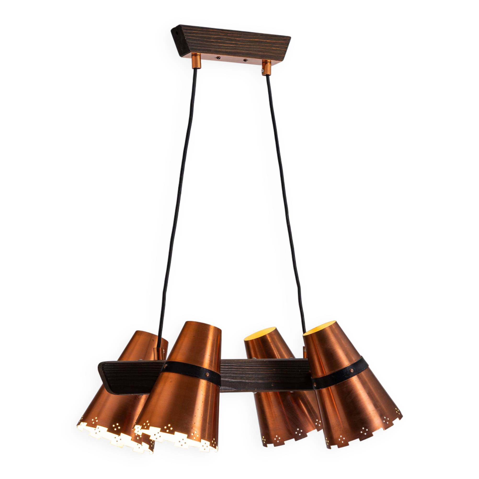 Ceiling lamp in dark stained wood with four brass shades, Sweden, 1960s