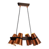 Ceiling lamp in dark stained wood with four brass shades, Sweden, 1960s