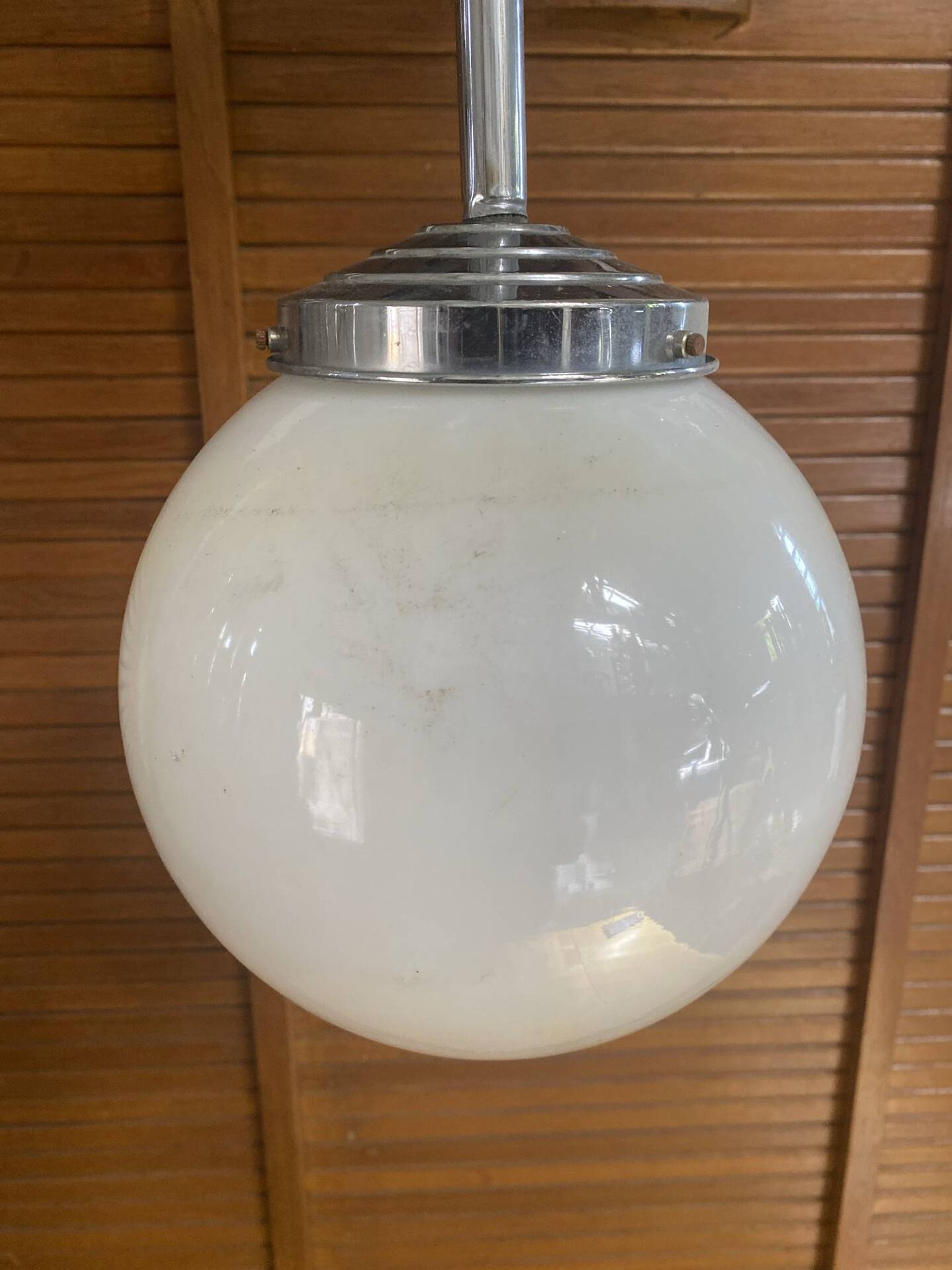 Vintage Ceiling Light Opaline White Ball Pendant + Aluminium Support 50s
