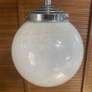 Vintage Ceiling Light Opaline White Ball Pendant + Aluminium Support 50s
