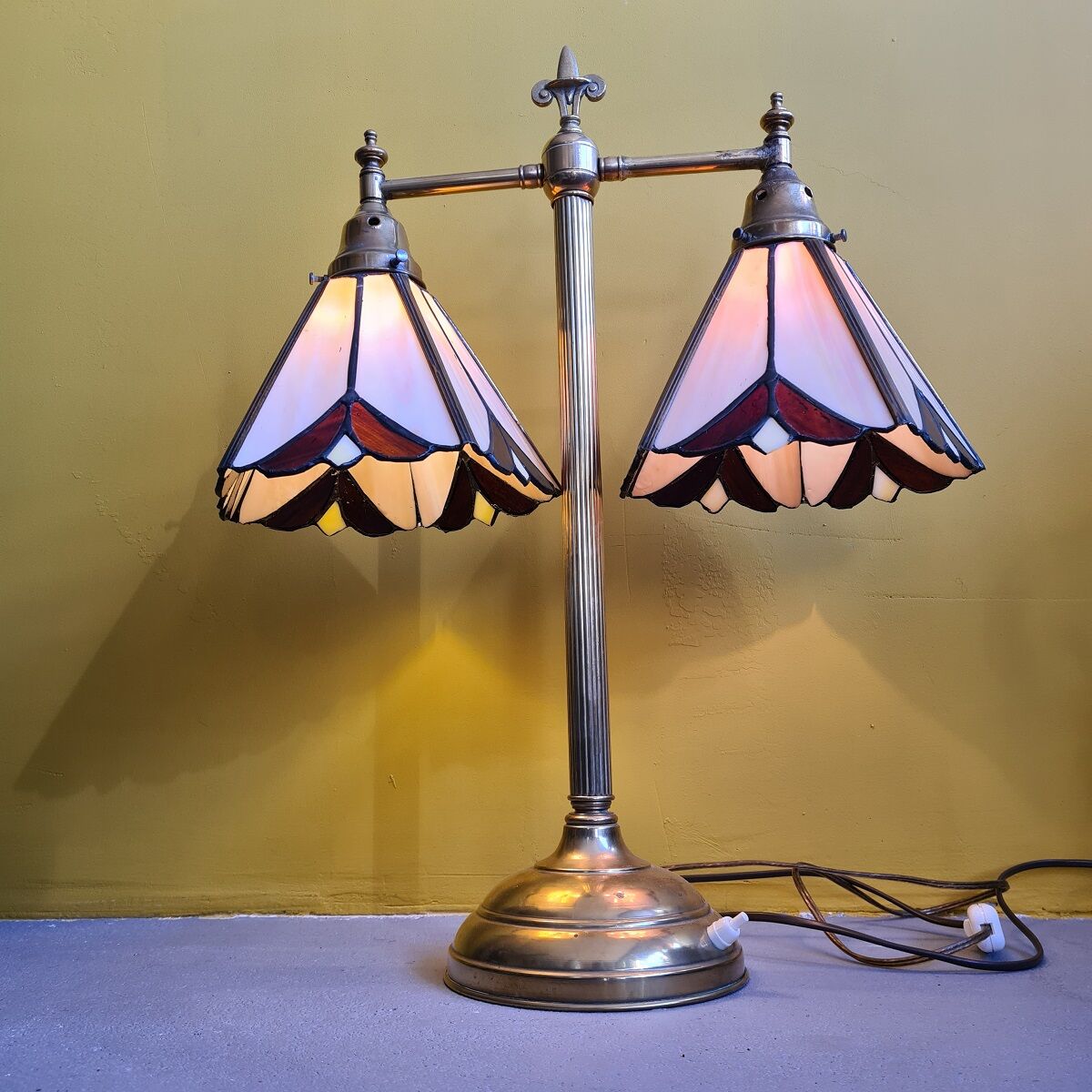 Old brass desk lamp with stained glass. 20th century.