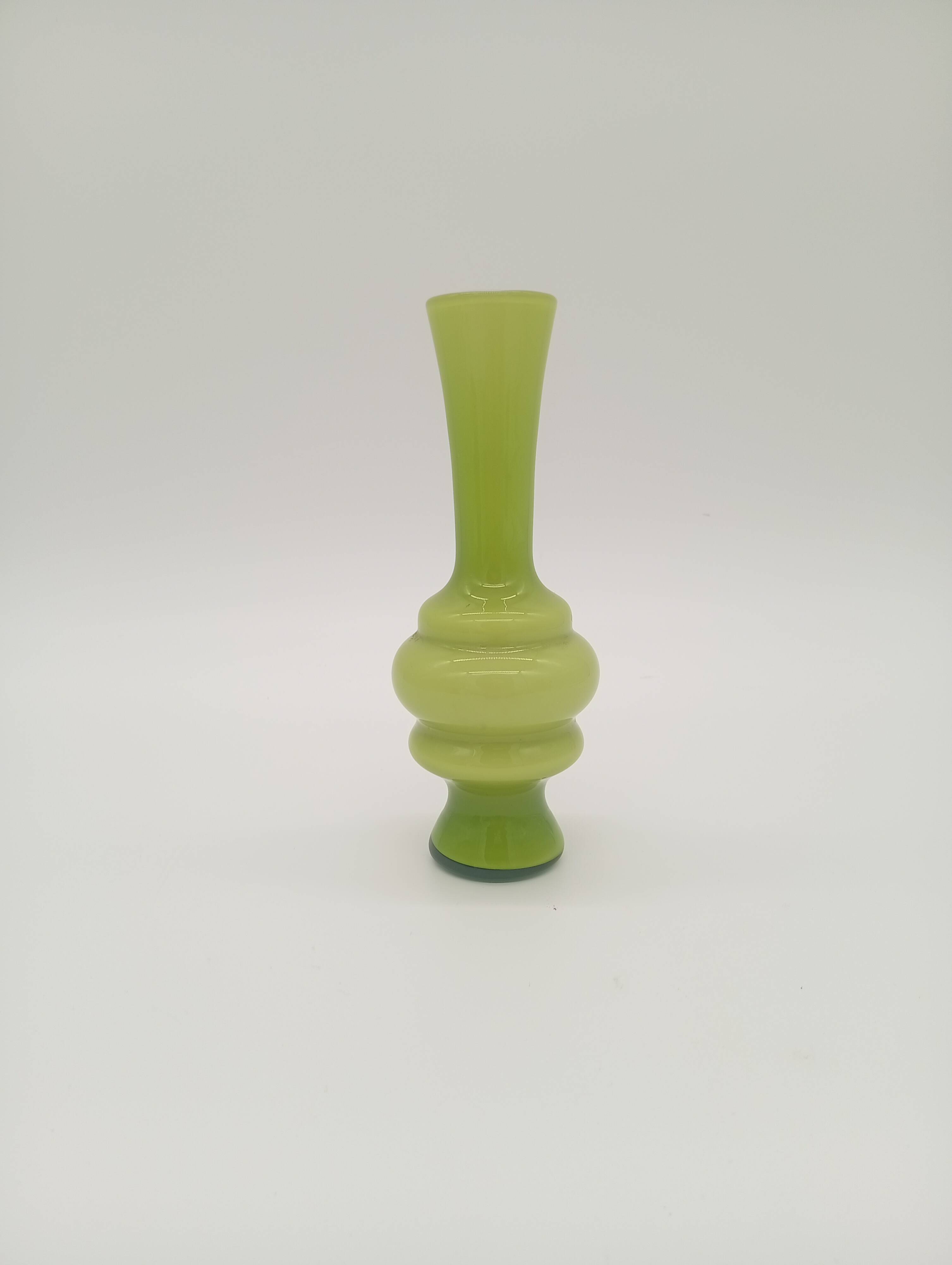 Green Ribbed Hooped Opaline Glass Vintage Space Age Vase 70s 80s Murano