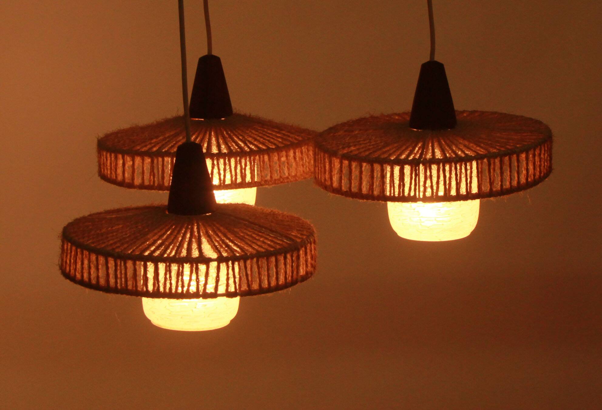 1960s teak ceilang lamp triangle