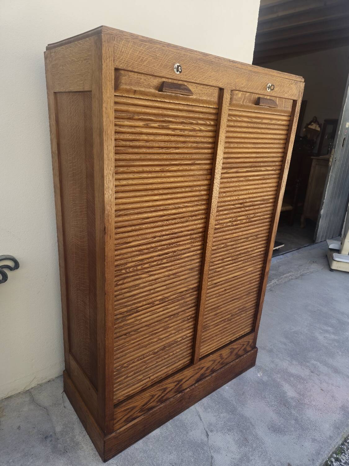 Antique 1950s double sliding door filing cabinet with curtains