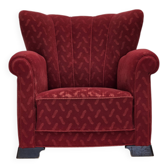 1950s, Danish relax armchair, red furniture wool, oak wood.