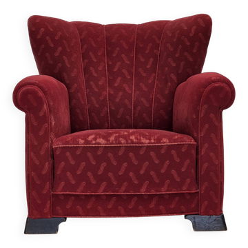 Fauteuil relax danois des années 1950, en laine rouge, bois de chêne.