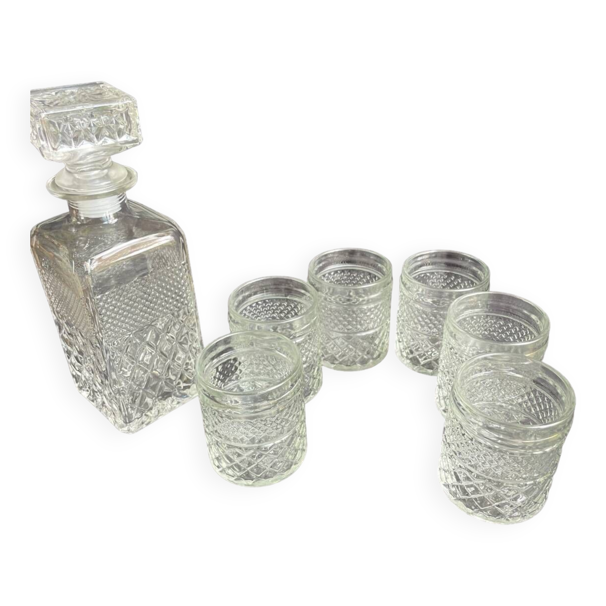 Chiseled glass whiskey service carafe and 6 Italian glasses