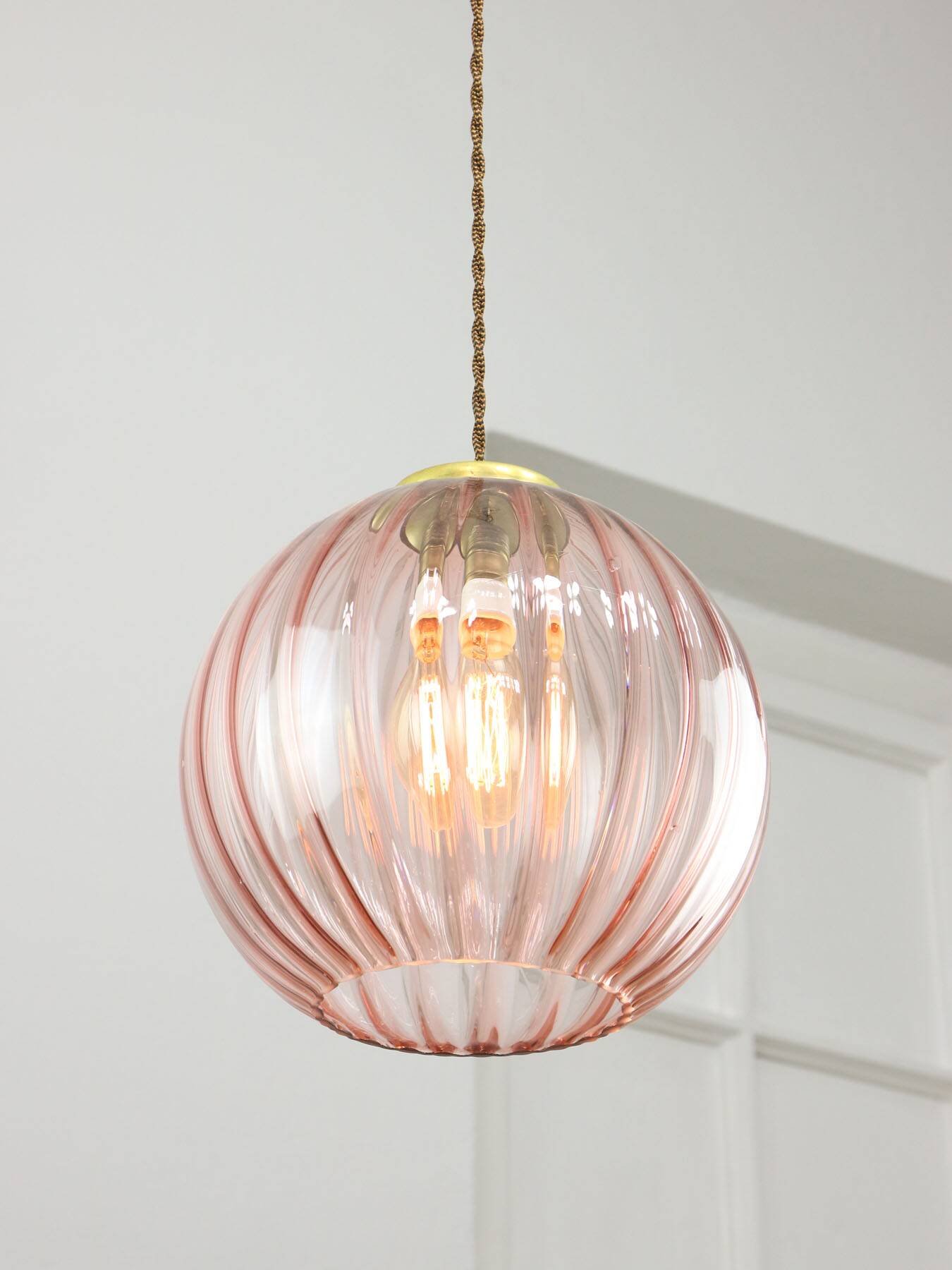 Mid-Century Italian Pink Glass and Brass Pendant Lamp