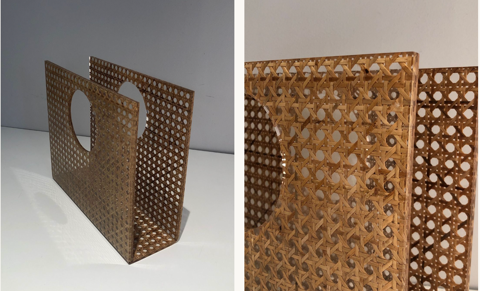 Acrylic magazine rack with inlaid cane.