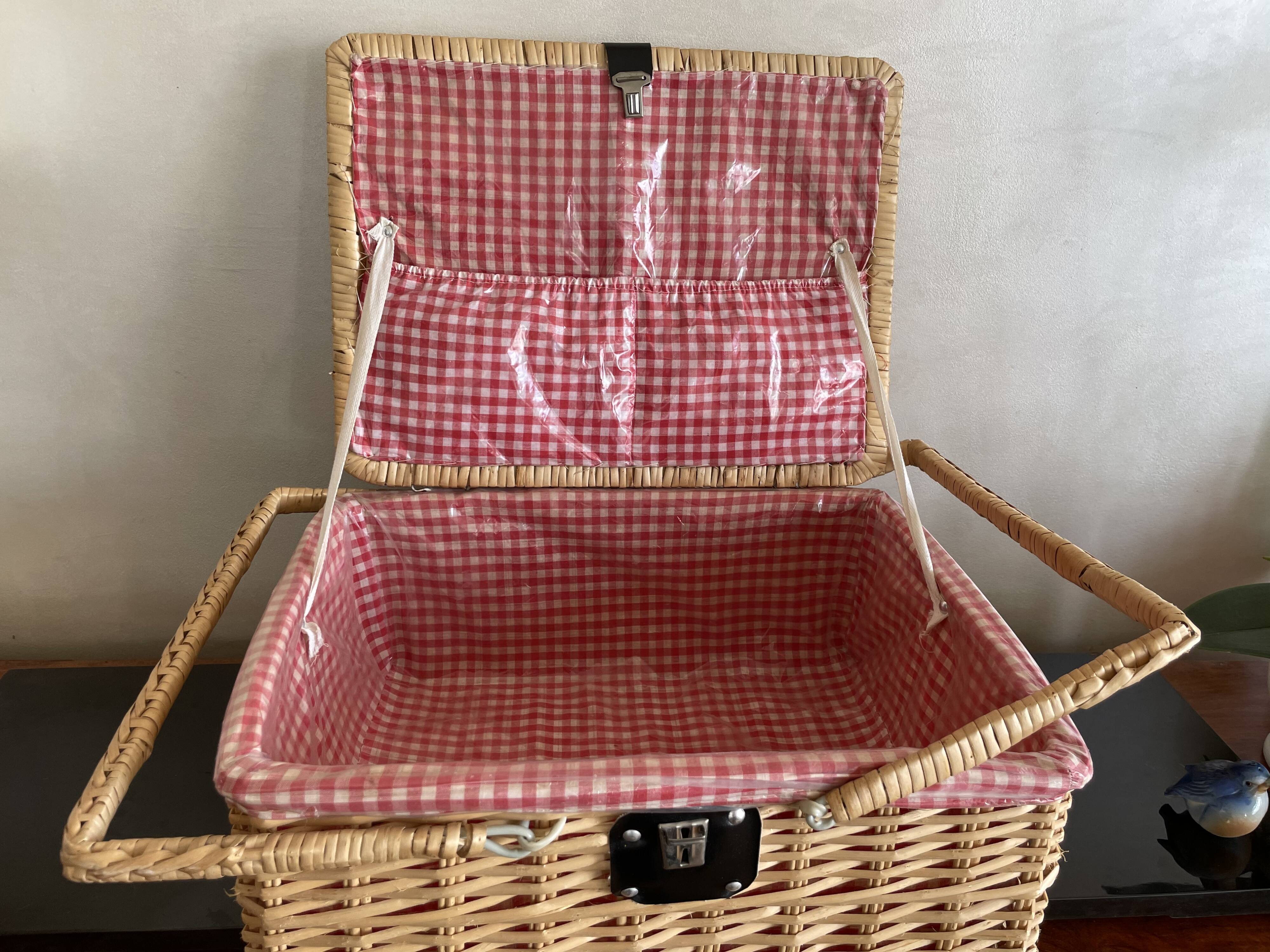 Large Suitcase, wicker picnic basket and red Vichy