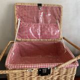 Large Suitcase, wicker picnic basket and red Vichy