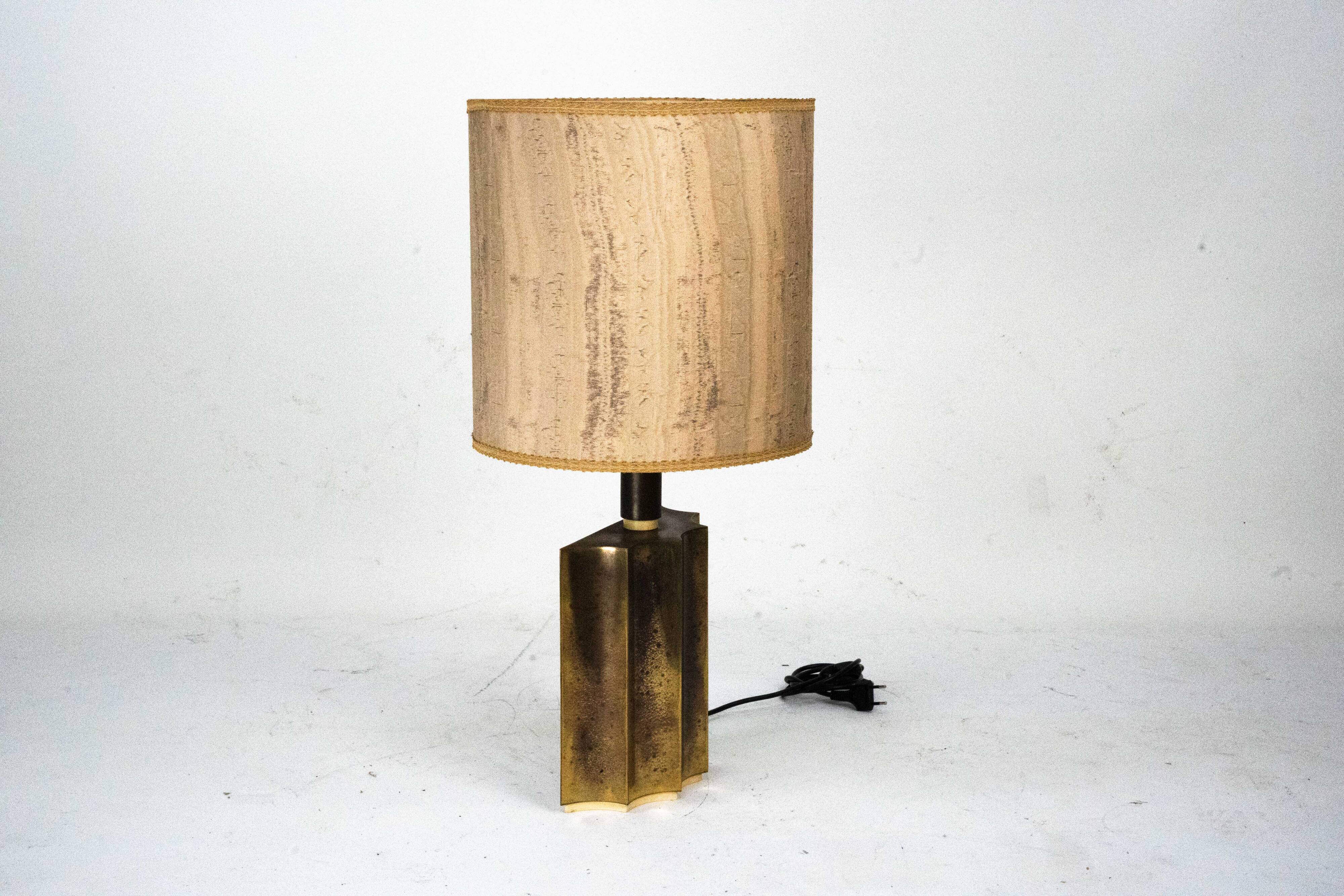 Vintage Brass Table Lamp with Fabric Shade – Original Patina. Italy 1970s