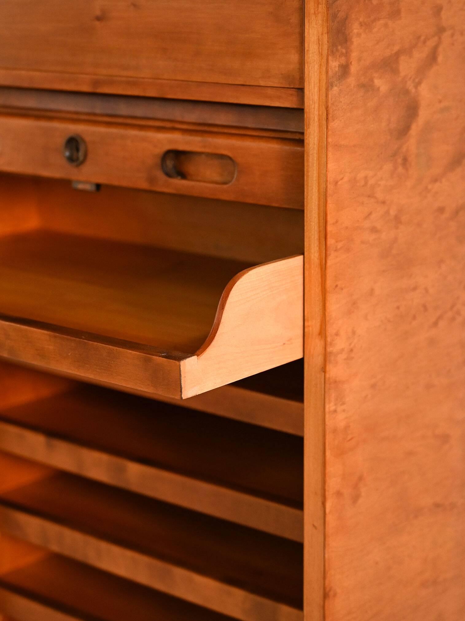 Birch tambour door cabinet, 1940s