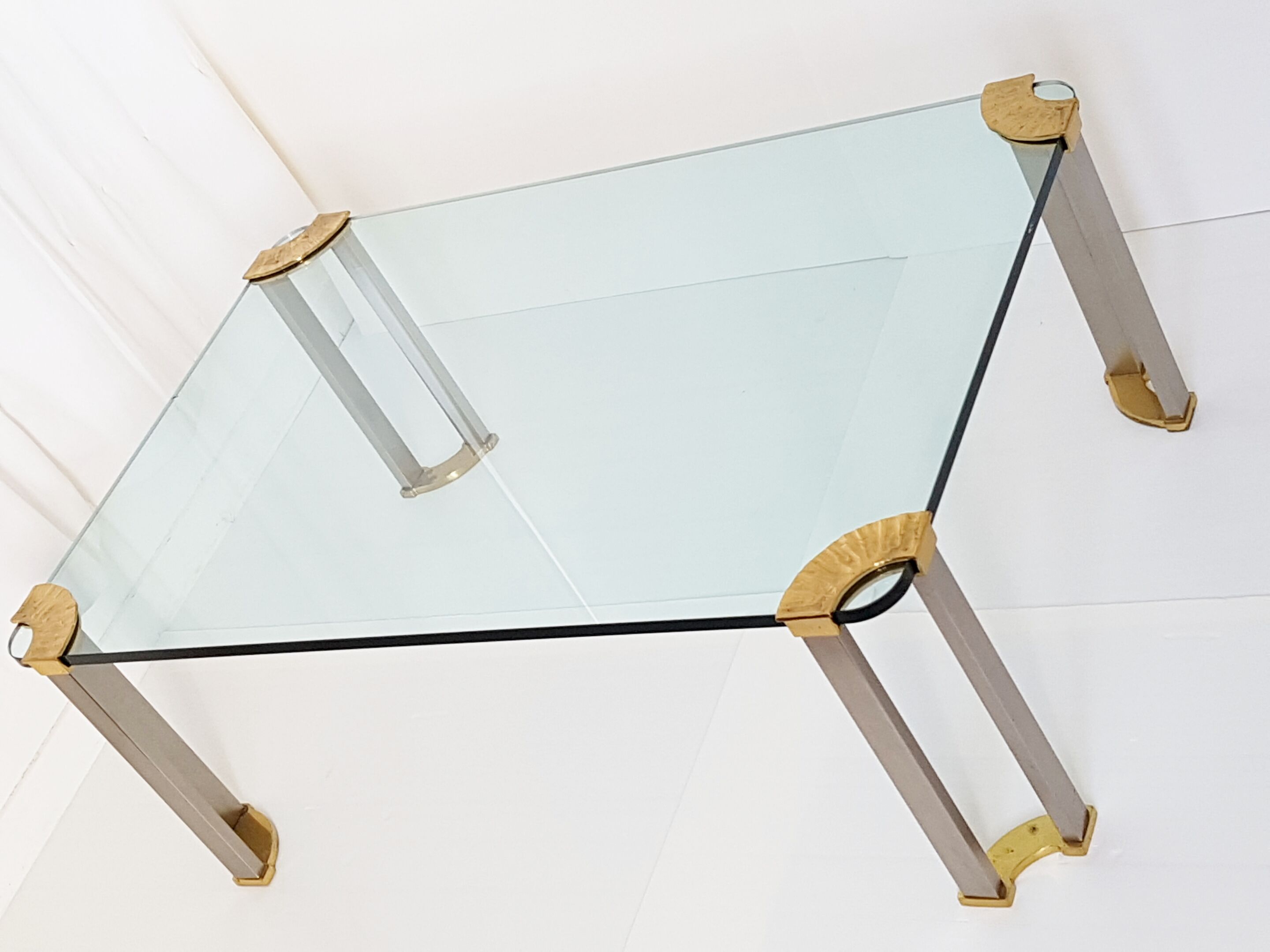 Coffee table glass, solid gold brass and brushed steel vintage seventies 70