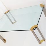 Coffee table glass, solid gold brass and brushed steel vintage seventies 70