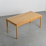 Table and two benches set in solid elm, France, circa 1980