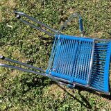 Vintage children's scoubidou chair with chrome metal frame and blue seat