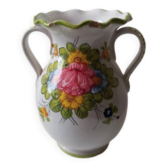 Italian handcrafted jug with a ruffled neck, vintage floral earthenware (15 cm)