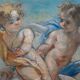 Tableau pastel fin XIXe décor d'angelots et de colombes