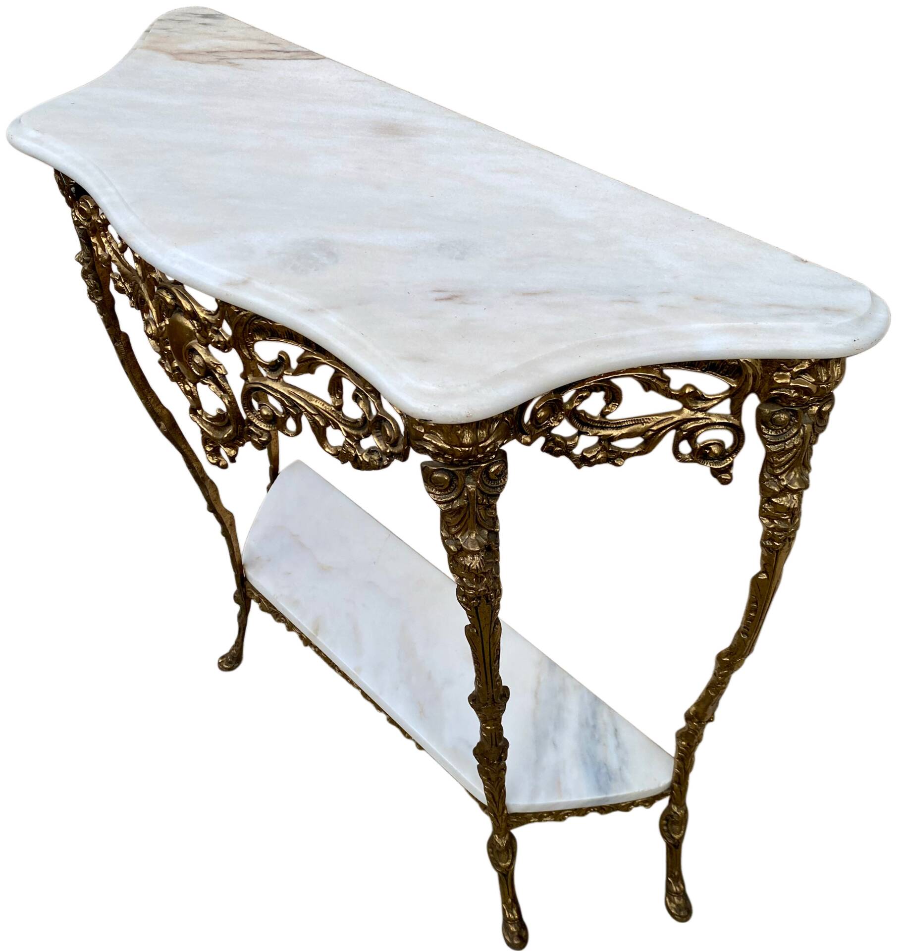 Console and mirror set in brass, Louis XV Rococo style.